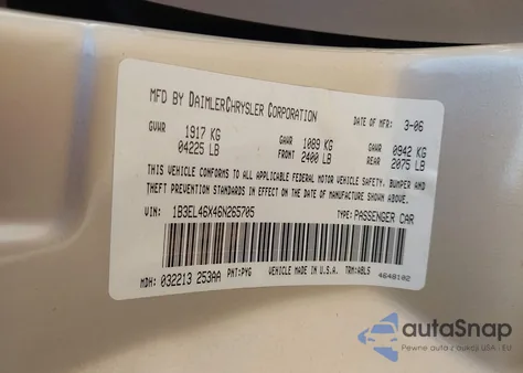 2006 Dodge Stratus Sxt из США, поврежденный, VIN 1B3EL46X46N265705